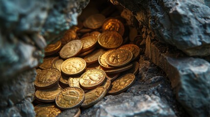 Ancient coins and relics through a hole in a stone wall, archaeological find, historical wealth