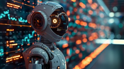 Fototapeta premium Trading robot analyzing cryptocurrency trading graph, representing artificial intelligence in stock market analysis, illustrating growth in crypto assets. 