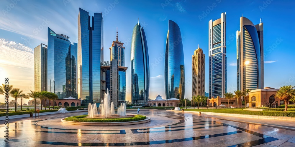 Sticker Founder's monument and Etihad towers in Abu Dhabi, showcasing modern architecture, founder's monument