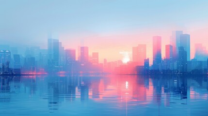 Minimalist digital artwork of a cityscape at sunrise featuring simple geometric shapes and a calm color palette with shades of blue and orange, emphasizing modern urban life and tranquility.