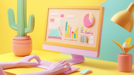 3D Render of a Desk with a Computer and Colorful Charts