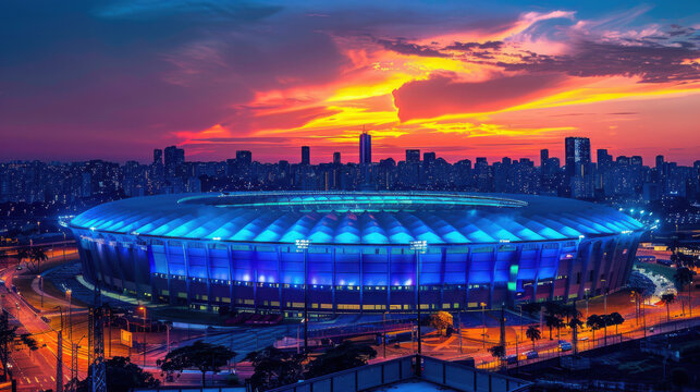 A large stadium illuminated in blue lights at dusk, with a cityscape backdrop and a dramatic sunset sky.