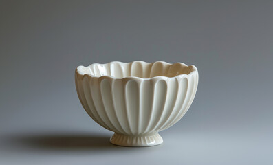 white bowl distinguished by its elegant simplicity and superior craftsmanship, notable for its large round base. Positioned on table in studio setup, gentle lighting accentuates its fine details.