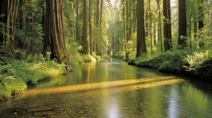 Obraz premium A tranquil forest scene featuring towering redwood trees with sunlight streaming through the dense canopy casting dappled shadows on a crystalclear stream that winds through the mossy undergrowth