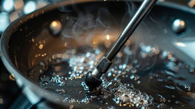 A closeup of the temperature probe on an electric wok used for monitoring and maintaining the desired cooking temperature. The probe can be easily adjusted and removed for convenience.