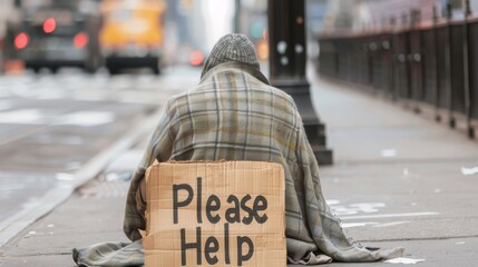 Obraz premium A poignant image of a homeless man sitting on a busy city sidewalk wrapped in a tattered blanket with a cardboard sign reading Please Help at his feet highlighting the stark reality of urban poverty a