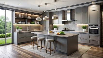 Modern kitchen with gray interior and chic countertops, contemporary aesthetics, modern, kitchen, gray, interior