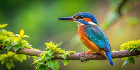 Fototapeta premium Vibrant kingfisher perched on a lush tree branch, kingfisher, bird, wildlife, colorful, nature, branch, tree, vibrant, blue
