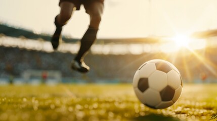 Fototapeta premium A dynamic action shot of a professional soccer player in midair about to kick the ball towards the goal with the crowd in the stadium background roaring in excitement capturing the thrilling intensity