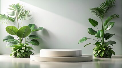 Fototapeta premium Modern product display podium with green leaves , isolated, empty, presentation, showcase, elegant, design, minimalist, simple