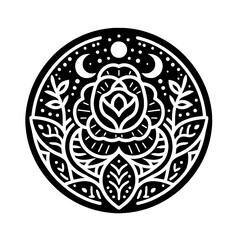 Rose flower in decorative emblem ornament, Victorian, art deco, art nouveau, boho, bohemian,  folk, flourish