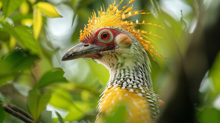Obraz premium Close-up of a vibrant exotic bird with striking plumage, nestled among green foliage in a natural setting.