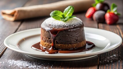 Indulgent and decadent chocolate fondant dessert on a white plate, chocolate, fondant, dessert, sweet, indulgent, baking