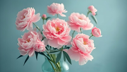 vibrant bouquet of pink peonies in a crystal vase.
Pink peony flowers in a crystal bud vase, light blue background.