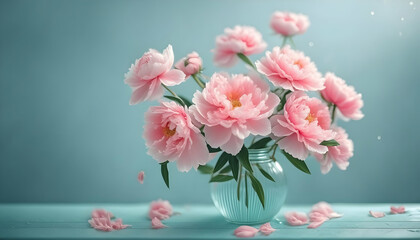 vibrant bouquet of pink peonies in a crystal vase.
Pink peony flowers in a crystal bud vase, light blue background.