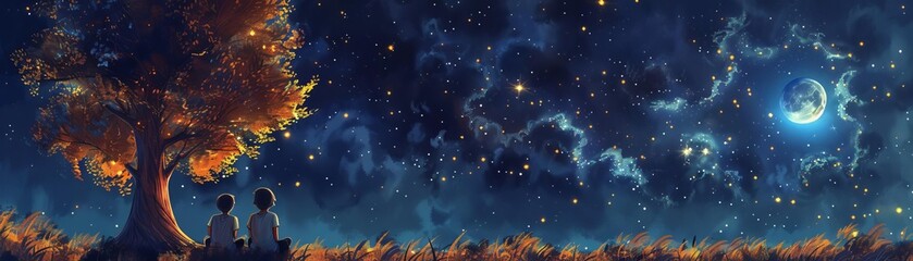 Friends enjoying a quiet evening stargazing, feeling connected to the universe, serene and detailed, digital painting