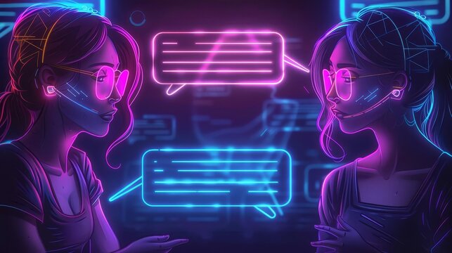 Friends using a hightech device to detect and remove biases from their conversations, neon accents, detailed illustration