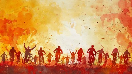 Watercolor Texture Poster Background with Silhouettes of Cheering People and Bicycles, Aged Paper Backdrop, Warm Reds and Oranges, Subtle Splashes, Text Space.