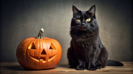 Halloween black cat sitting next to a carved pumpkin, Halloween, cat, pumpkin, black cat, autumn
