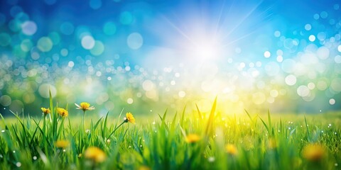 Fototapeta premium Sunny spring meadow blur background with blue sky to green grass gradient , nature, vibrant, outdoor, seasonal, peaceful, sunny