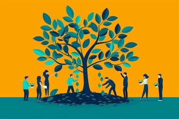 Illustration of diverse people nurturing a tree, symbolizing community growth and collaboration in a vibrant setting.