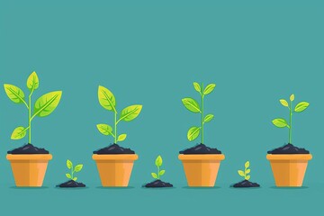 Illustration depicting the growth process of a plant from seedling to mature plant in terracotta pots against a turquoise background.