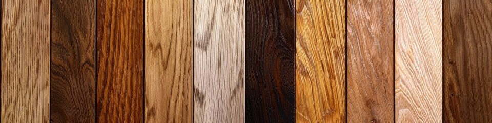 Naklejka premium Collection of Oak Wood Samples Showcasing Grain Patterns from Classic Golden to Dark Oak, Ideal for Furniture and Flooring, Clean Background, Building Materials, AI-Generated High-Resolution Wallpaper
