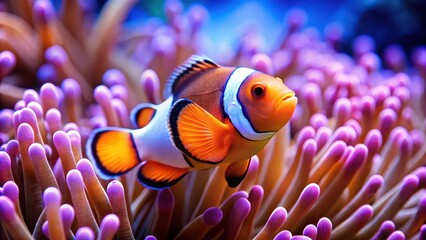 Vibrant close-up of a clown fish swimming among anemone , marine life, underwater, coral reef