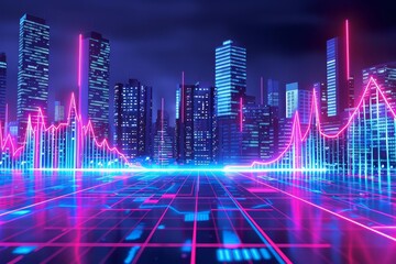 Fototapeta premium Infographic, financial analysis, neon data, futuristic city skyline