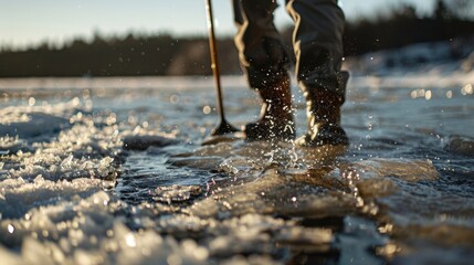 A closeup of a person breaking through the frozen surface of the lake as they prepare to enter the icy waters.