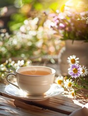 traditional English tea and breakfast served in a luxurious porcelain crockery tea cup, against the backdrop of a sunny landscape and blooming flowers.