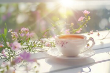 Fototapeta premium traditional English tea and breakfast served in a luxurious porcelain crockery tea cup, against the backdrop of a sunny landscape and blooming flowers.