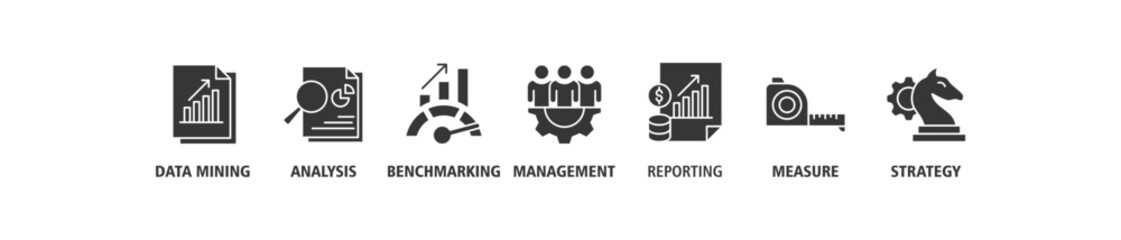 Business intelligence banner web icon set vector illustration symbol concept with icon of data mining, analysis, benchmarking, management, reporting, measure, and strategy