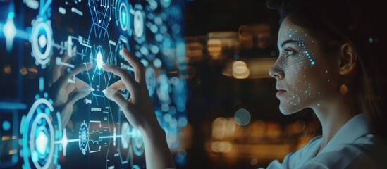 A young scientist is shown interacting with an advanced humanoid robot in a high-tech laboratory setting. AIG62