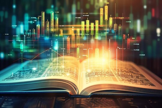Open book with colorful data visualizations emerging, symbolizing the intersection of knowledge and technology, perfect for educational themes.