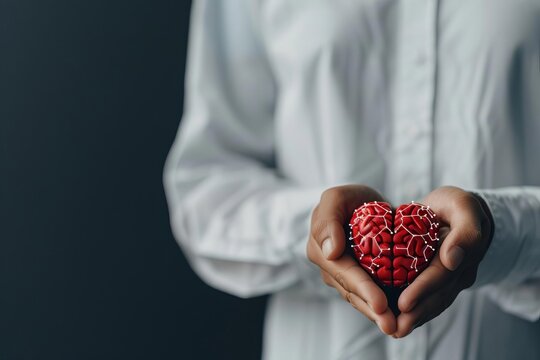 Person holding a red heart model in their hands. Symbol of love, care, and affection against a dark background. Close-up shot.