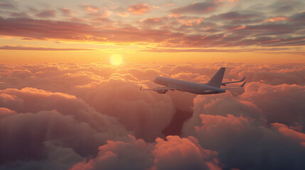 Passengers' commercial airplane flying above the clouds 