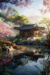 An artistic depiction of a hanok by a pond, surrounded by blooming flowers and trees, with sunlight streaming in.