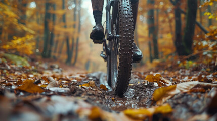 Close-up of a mountain bike tire navigating a muddy trail in a colorful autumn forest, emphasizing outdoor adventure and sport.