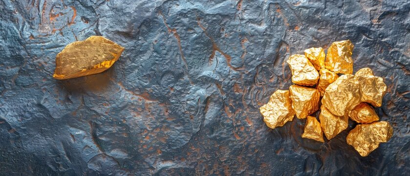 Raw gold nugget next to refined ingot, transformation, metallurgical process