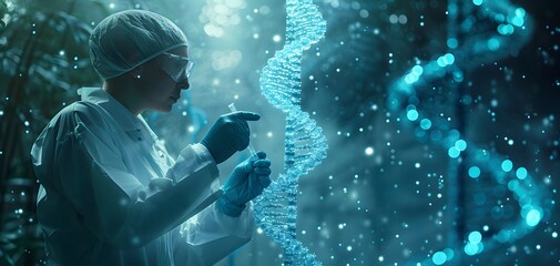 A scientist working in a high-tech laboratory, using advanced equipment to manipulate DNA strands, symbolizing groundbreaking inventions in genetic engineering