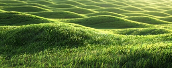 Fototapeta premium Abstract 3D Rendering of Green Grass Waves in the Background, Featuring Green Hills Texture with Wavy Lines for Natural and Eco-Friendly Advertising Design Template, Forest Field Pattern, Wide Banner 