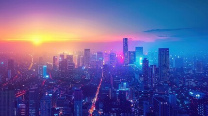 A city skyline at sunset with a bright orange sun in the sky