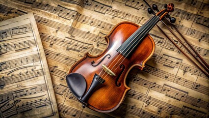 Naklejka premium Violin resting on top of sheet music , music, instrument, strings, classical, artistic, composition, notes, melody, harmony