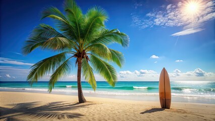 Surfboard and palm tree on sandy beach with clear blue sky , Surfing, vacation, tropical, ocean, waves, paradise