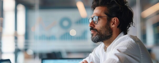 Side profile of a focused professional with glasses working in a modern office setting, concentrating on his computer screen.