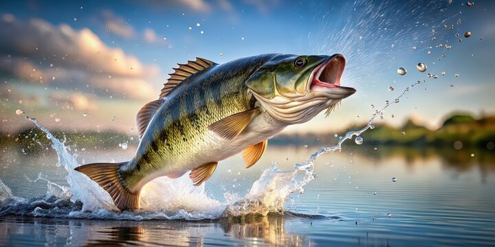 Larged bass jumping out of water in realistic , bass, fish, jumping, water, isolated, realistic,big, perch fishing, USA