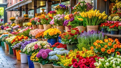 Vibrant assortment of fresh flowers at a bustling market stall, colorful, floral, blooms, blooming, vibrant, petals