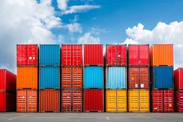 Fototapeta premium Stack of colorful shipping containers under a clear blue sky at a shipping yard. Ideal for logistics, import-export, and transportation concepts.