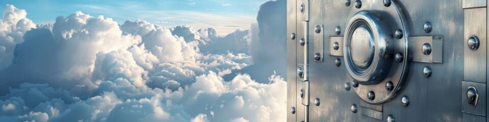 Surreal Floating Metal Vault in the Clouds, Creative Technology and Savings Concept, High-Resolution AI-Generated Wallpaper, Imagination and Innovation